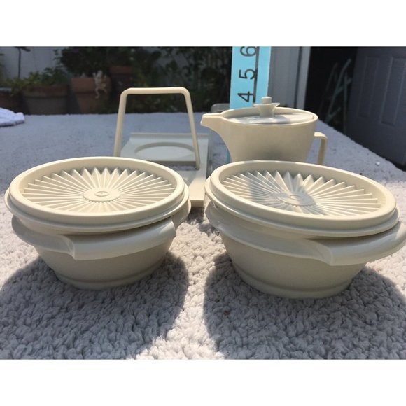 Vtg 80s Tupperware Condiment Servalier Caddy Bowls Lids Storage Pitcher HTF Set - Picture 14 of 15